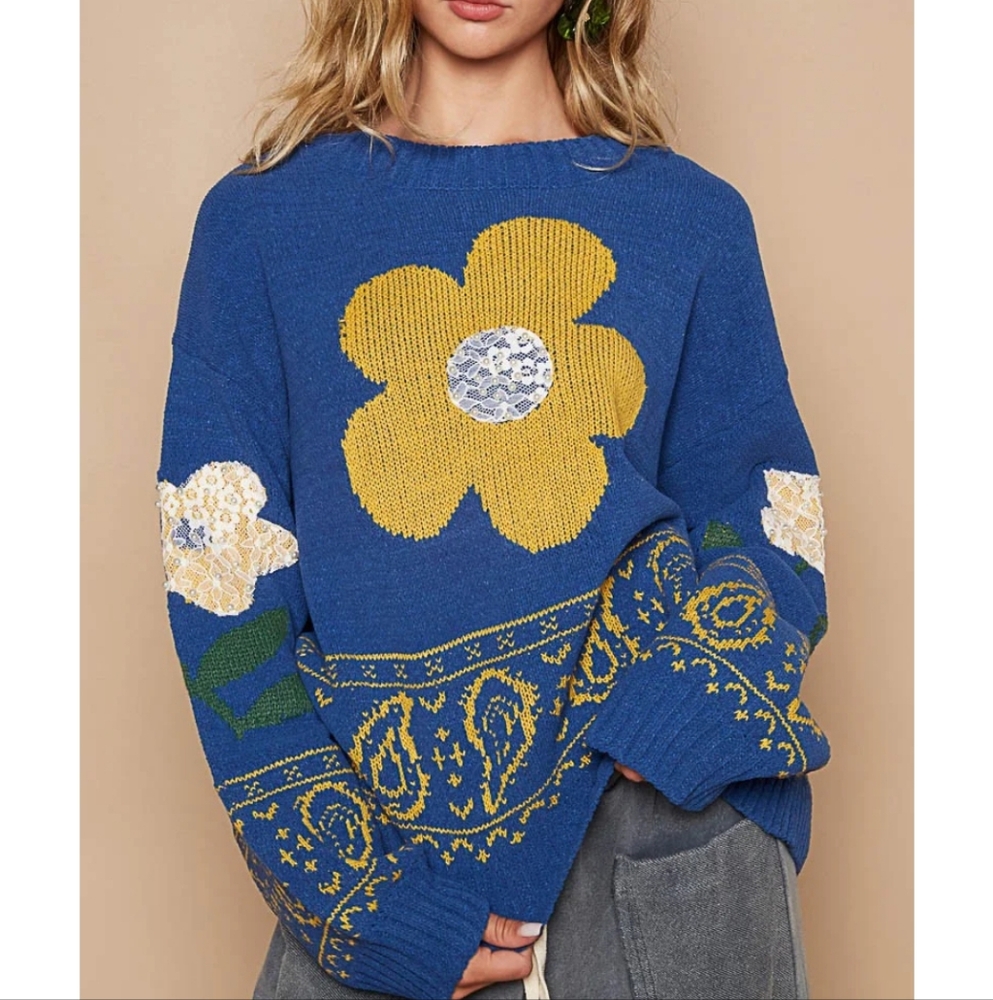 POL Blue and Yellow Floral Sweater NWOT